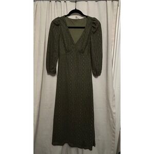 Springfield Olive Green Eyelet Crochet Midi Dress V-Neck Puff Sleeve XS